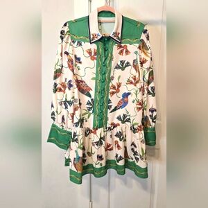 NWOT Boutique Green Print Bird Dress Womens Size Large